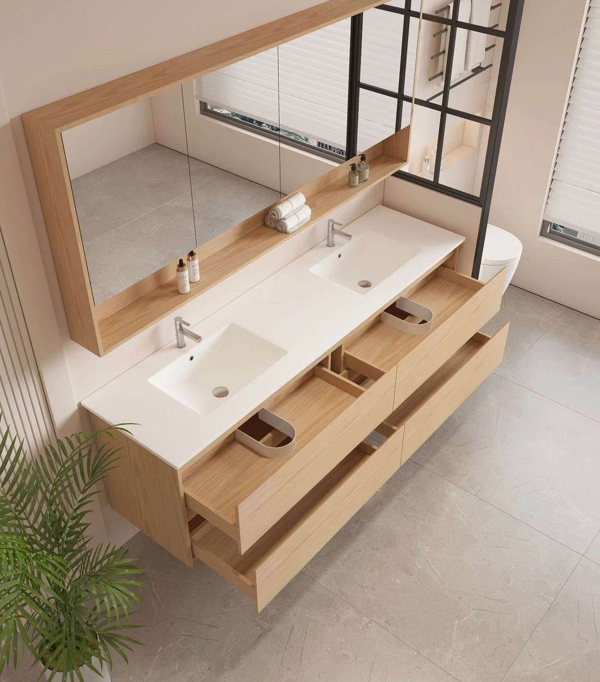 Hera Timber look Tas Oak 1800mm Wall Hung Double Bowl Vanity Stone Top
