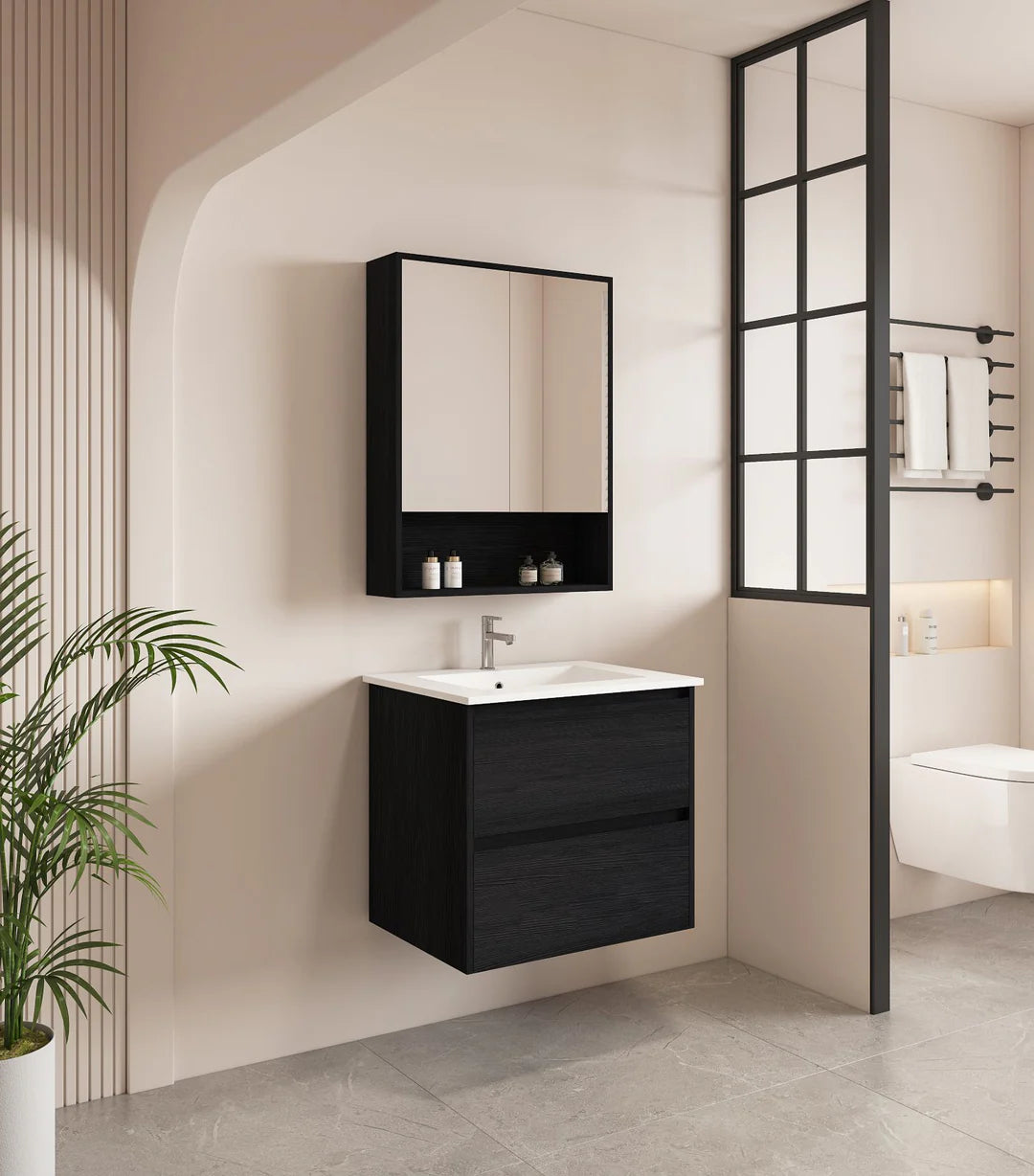 Hera Timber look Black Oak 600mm Wall Hung Vanity Carrara Top