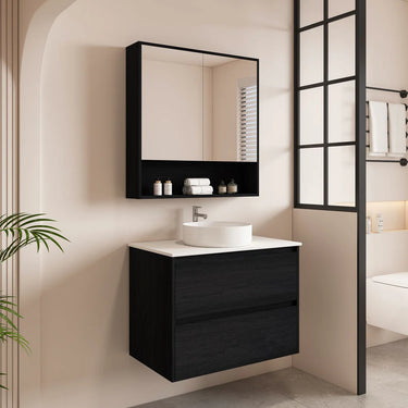 Hera Black Oak 750mm Wall Hung Vanity Carrara Stone Top