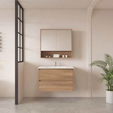 Hera Timber look Elegant Oak 750mm Wall Hung Vanity Carrara Marble Stone Top