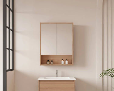 Hera Timber Look Elegant Oak 600mm Mirror Shaving Cabinet with Shelf - RJ Bathroom