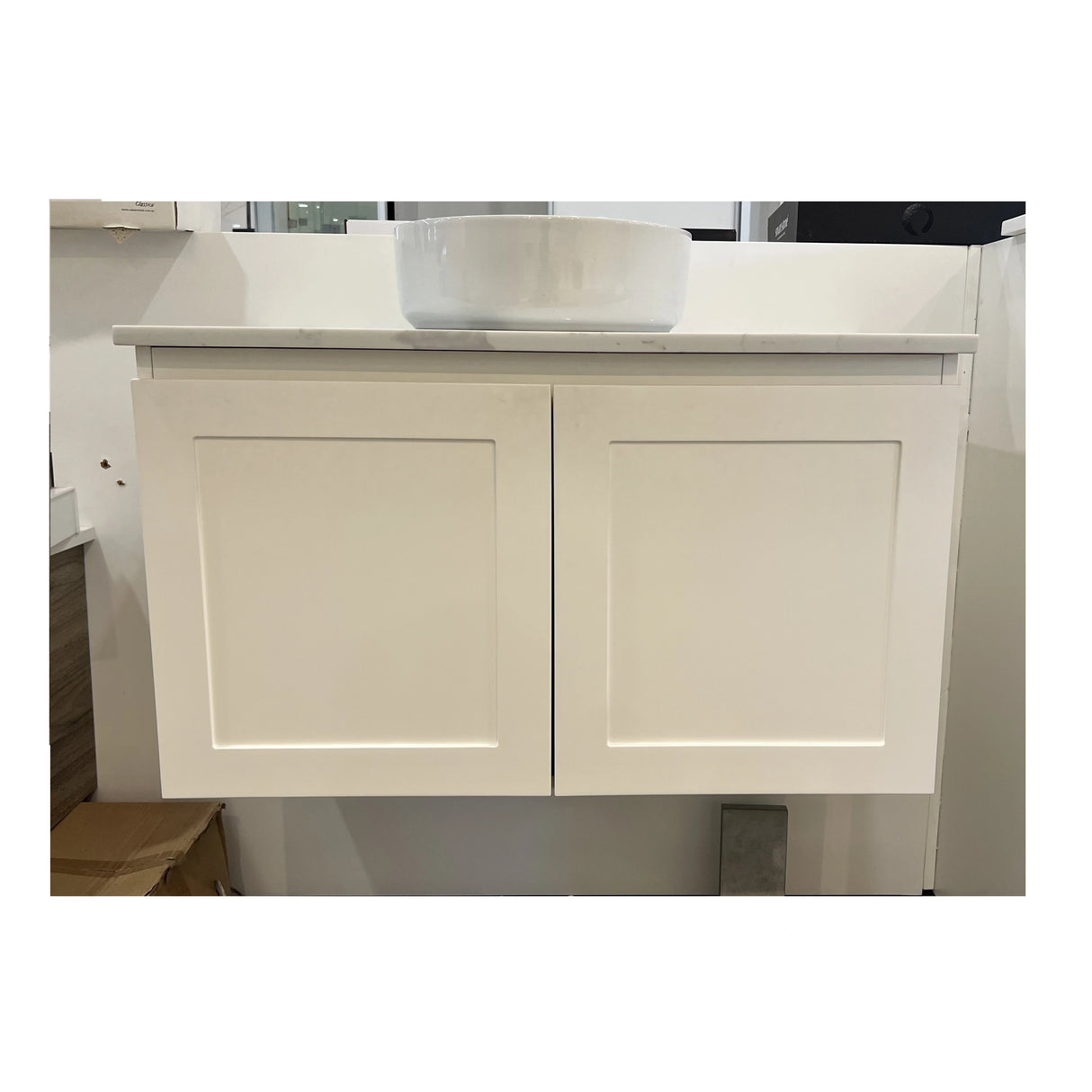 Hampton Shaker 900x360mm Slim Narrow Wall Hung Two Doors Vanity Carrara Marble Stone