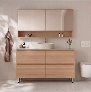 #Hera Elegant Oak 1500mm freestanding single bowl vanity with above counter basin on adjustable legs - RJ Bathroom
