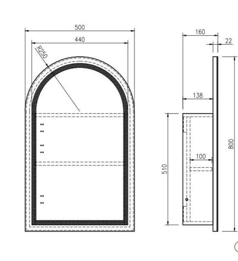 Arched LED Mirror Shaving Cabinet 500*900mm Athena PVC