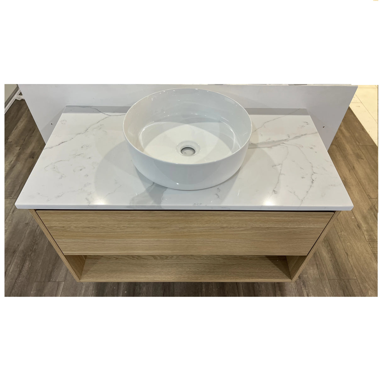 Timber Grain Oak All Drawer with Shelf 900mm Wall-hung Vanity Carrara Marble Stone