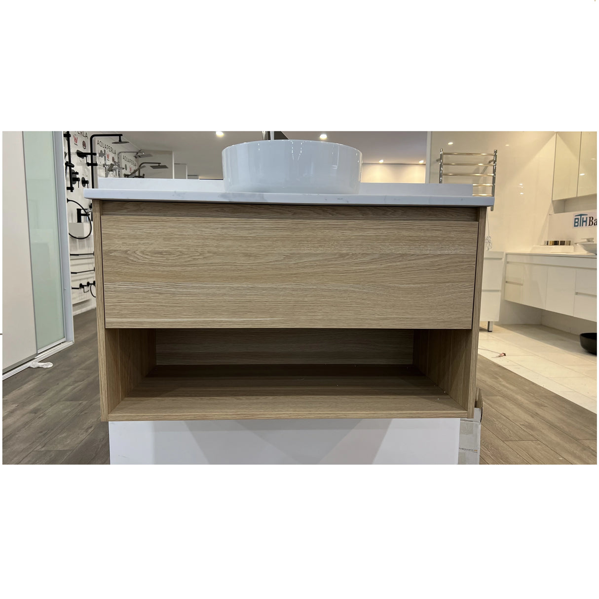 Timber Grain Oak All Drawer with Shelf 900mm Wall-hung Vanity Carrara Marble Stone