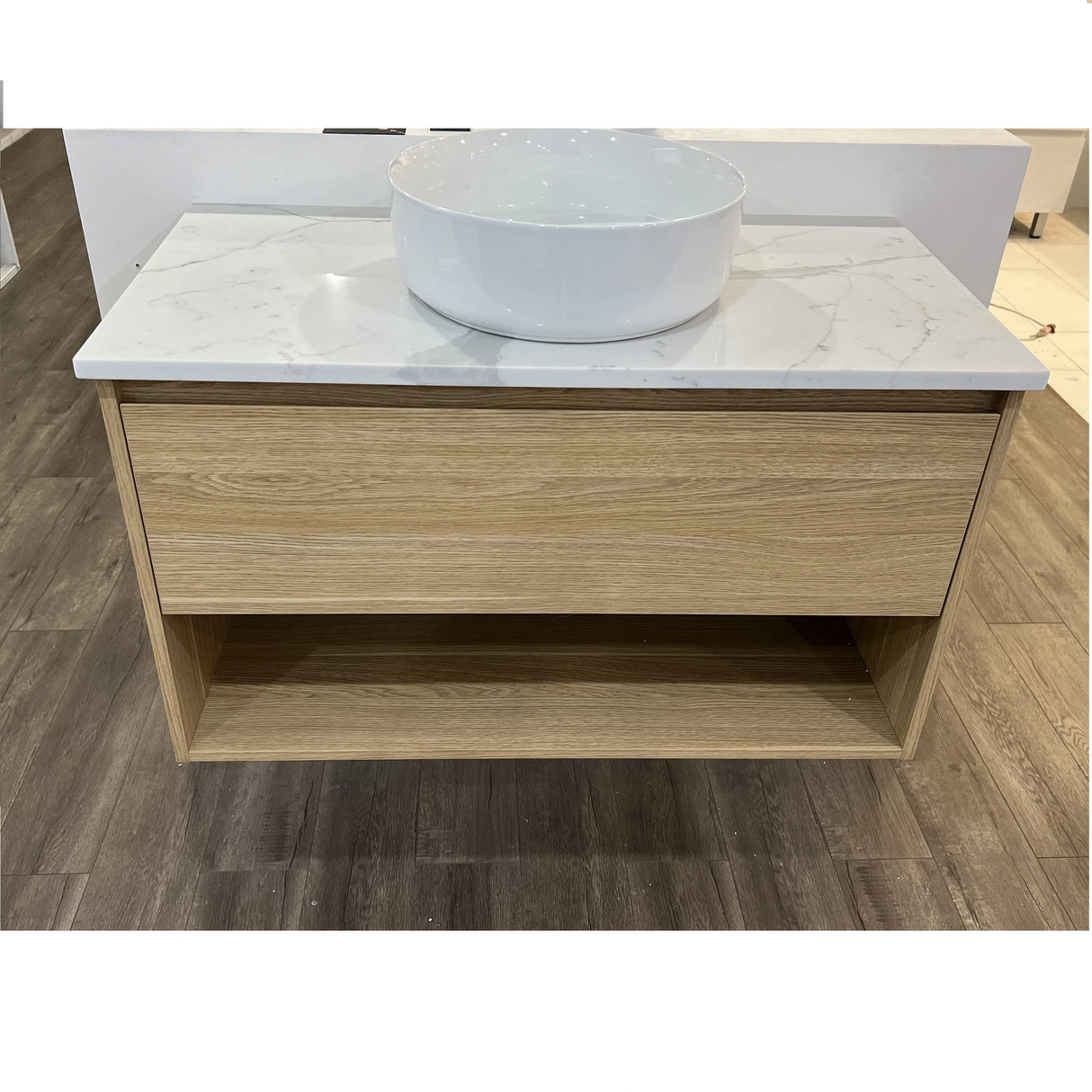 Timber Grain Oak All Drawer with Shelf 900mm Wall-hung Vanity Carrara Marble Stone