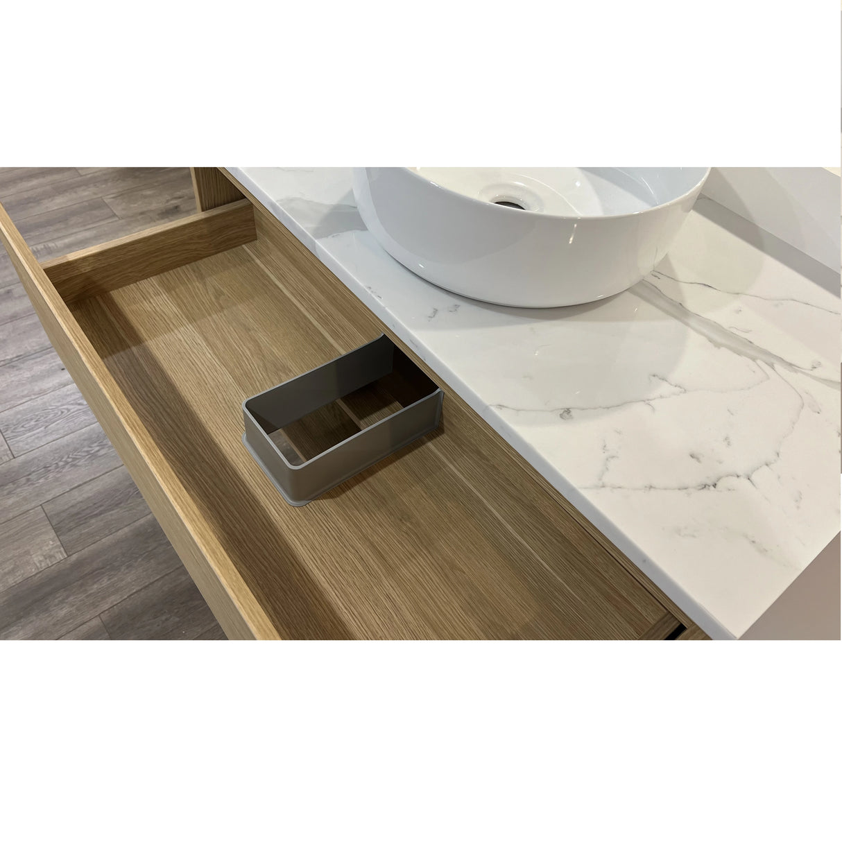 Timber Grain Oak All Drawer with Shelf 900mm Wall-hung Vanity Carrara Marble Stone