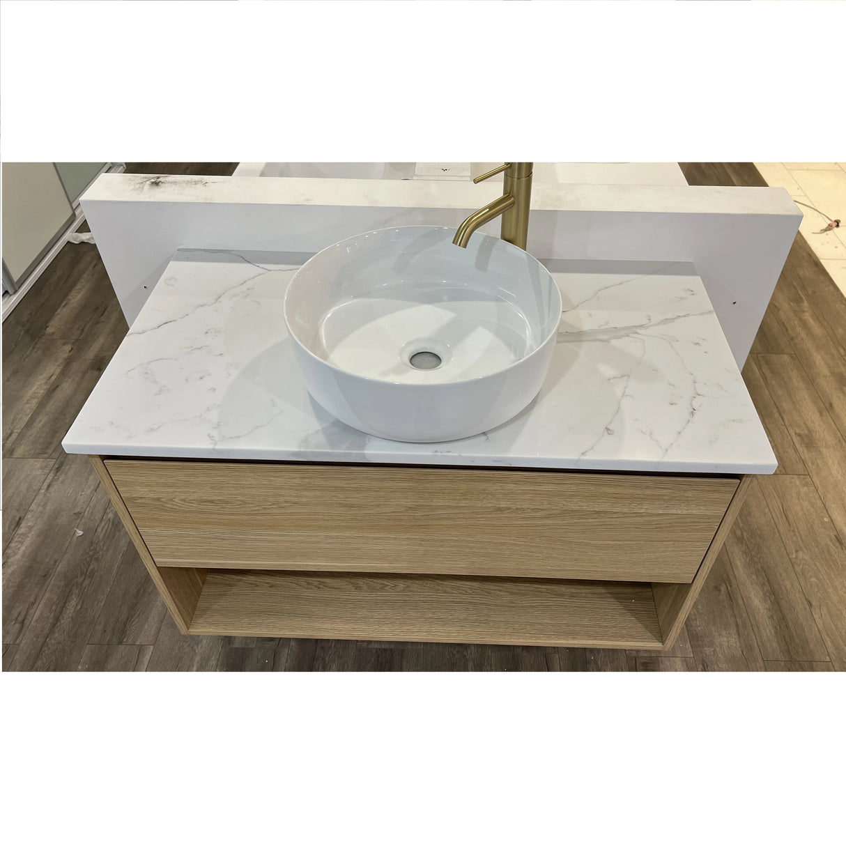 Timber Grain Oak All Drawer with Shelf 900mm Wall-hung Vanity Carrara Marble Stone