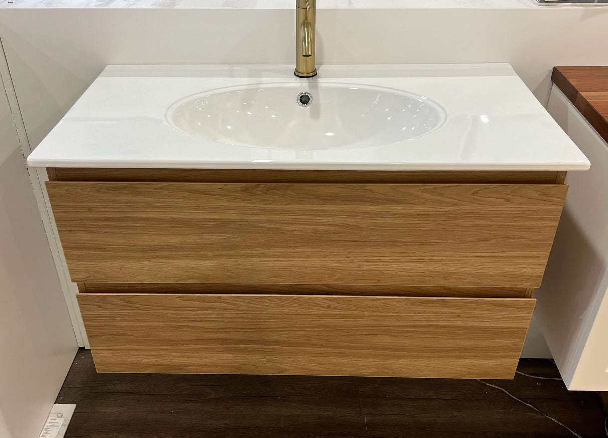 Timber Grain Oak All Drawer 900mm Wall-hung Bathroom Vanity