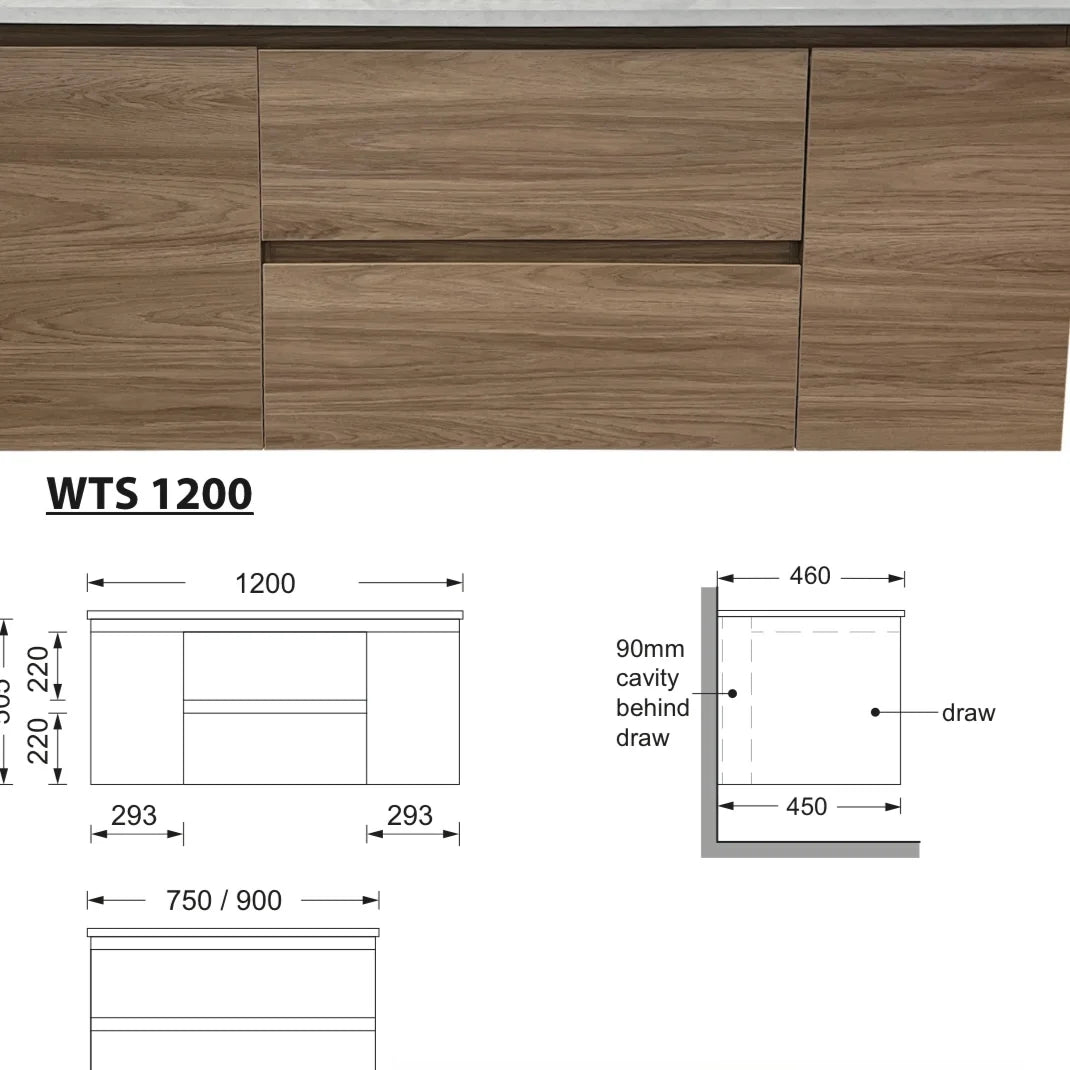 Timber Grain Oak All Drawer 1200mm Wall-hung Bathroom Vanity