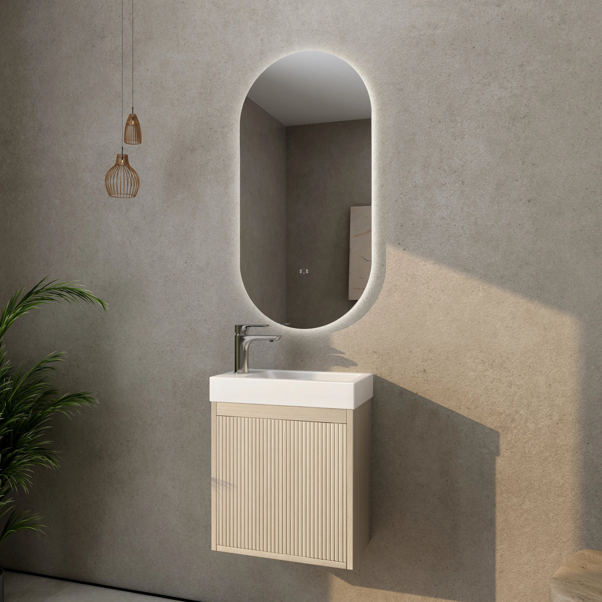 Timber Fluted Coastal Oak Ensuite Narrow Bellevue Wall Hung Vanity 450mm