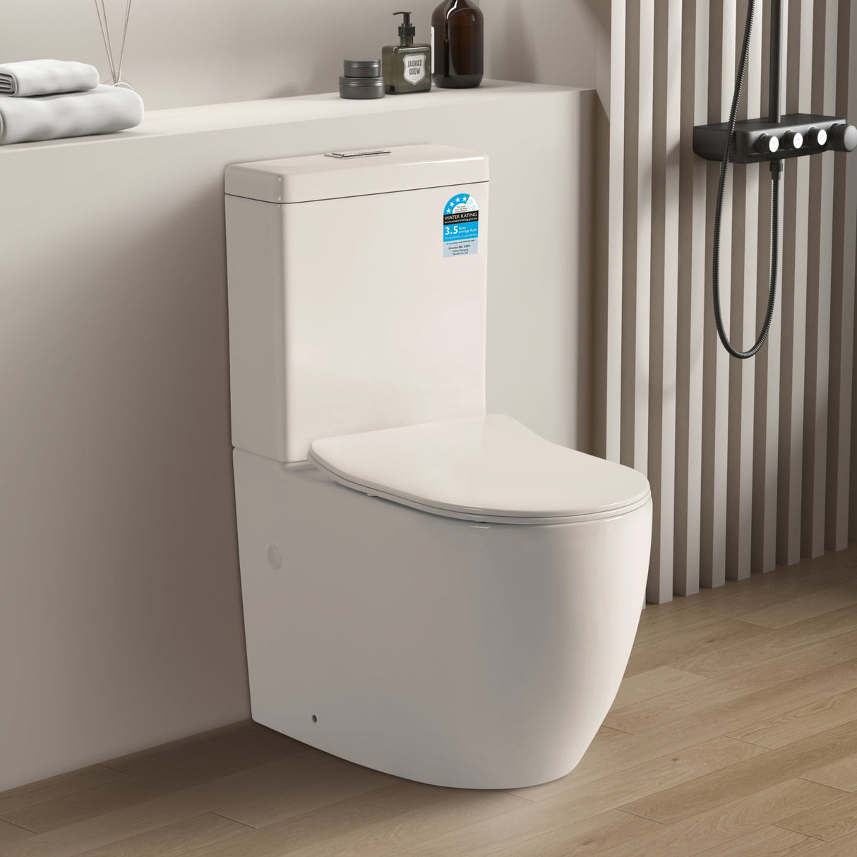 Modern toilet in a bathroom setting with a neutral color scheme