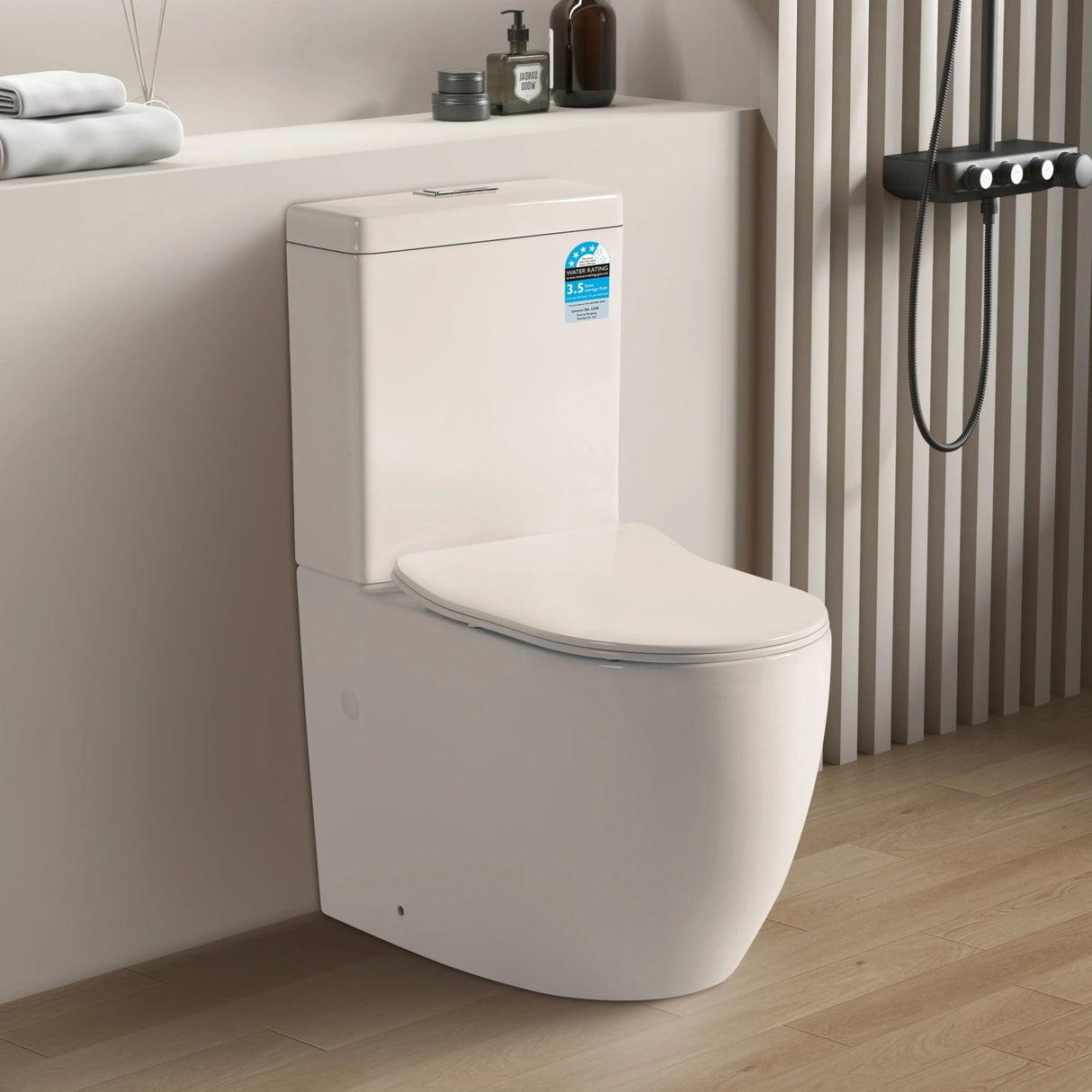 Modern toilet in a bathroom setting with a neutral color scheme