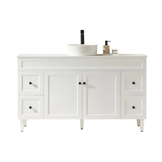 Harrington Hampton Shaker 1500mm Matte White PVC Waterproof Freestanding Vanity Carrara Stone Top