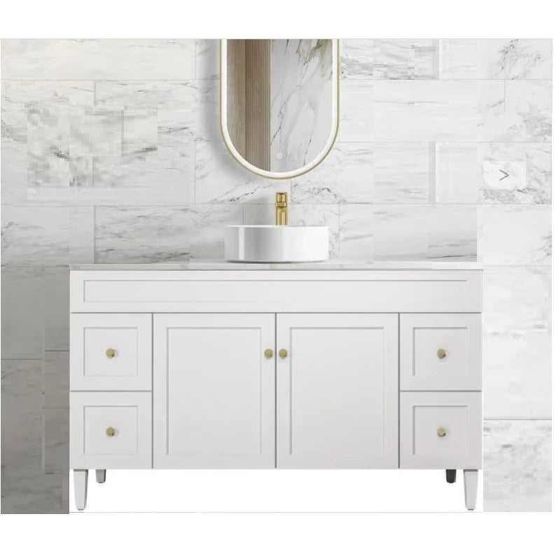 Harrington Hampton Shaker 1500mm Matte White PVC Waterproof Freestanding Vanity Carrara Stone Top