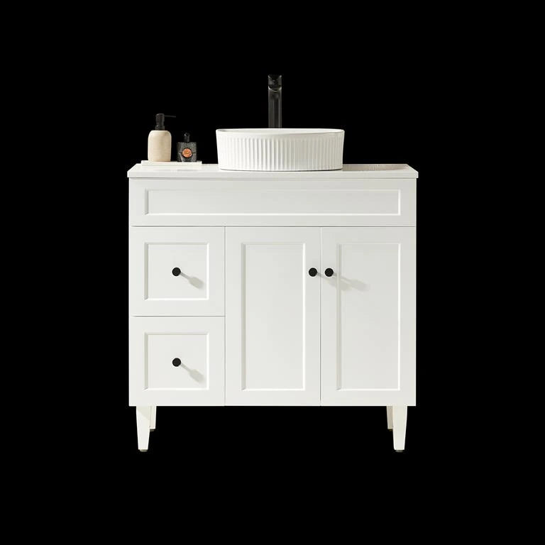 Harrington Hampton Shaker 900mm Matte White PVC Waterproof Freestanding Vanity Calacatta Stone Top