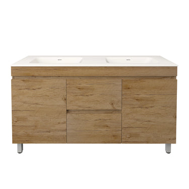 Timber Look Prime Oak Camden 1500mm Freestanding Double Bowl Vanity 40mm Bianco Sintered Stone Top