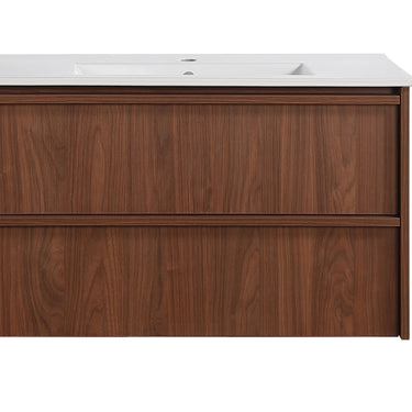Ridgewood Timber Look Walnut Mocha Oak 900mm Wall Hung Plywood Two Drawers Vanity 40mm Carrara Gold Sintered Stone Top