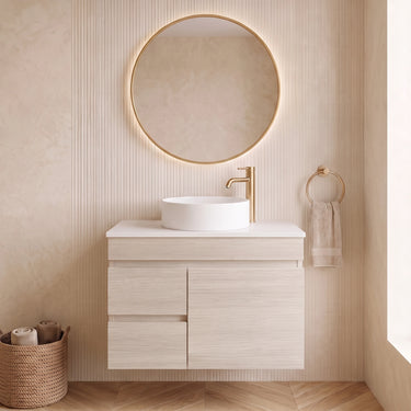Timber Look Camden 750x360mm Ensuite Slimline Vanity Coastal Oak Wall Hung Stone Top Optional