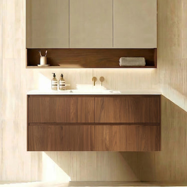 Timber Look Walnut Mocha Oak Gladstone 1200mm Wall Hung Plywood Two Drawers Single Bowl Vanity 40mm Carrara Sintered Stone Top