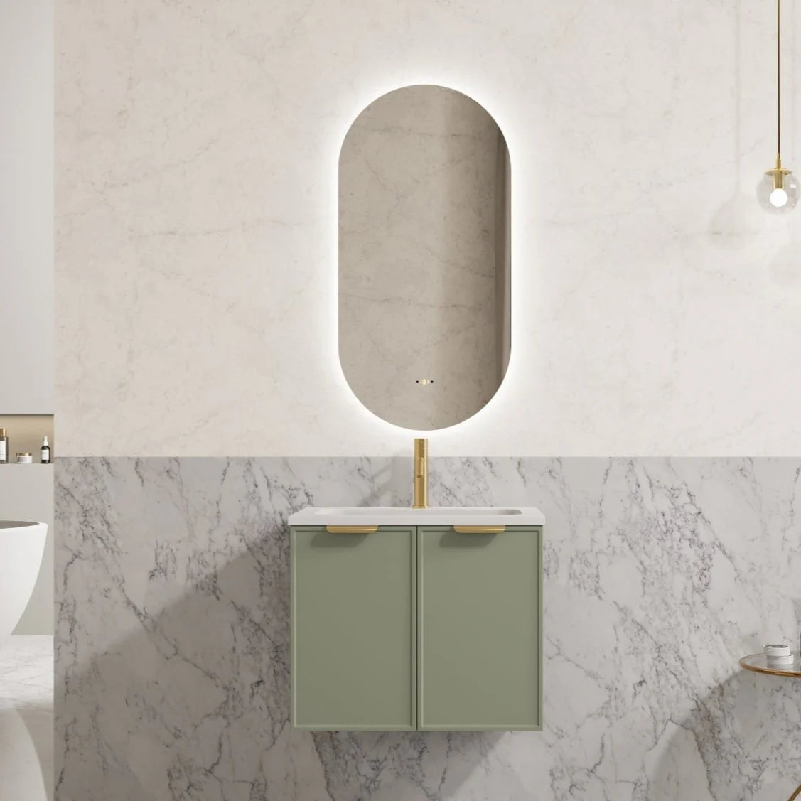 Hampton Vanity Miami Shaker 600mm Olive Green PVC Waterproof Wall Hung Solid Surface Stone top