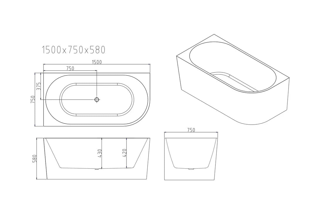 Nova 1500mm Ultra-Thin Left Corner Back to Wall Bathtub