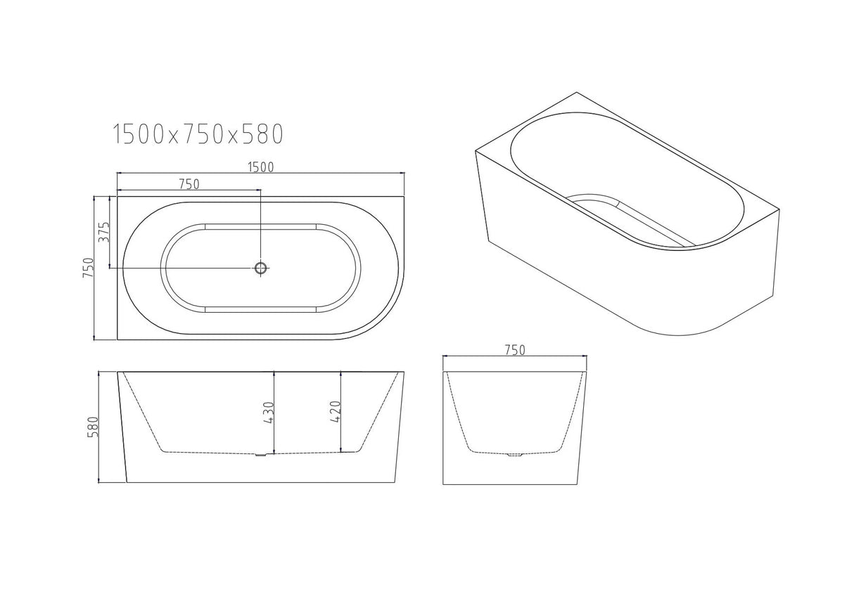Nova 1500mm Ultra-Thin Right Corner Back to Wall Bathtub