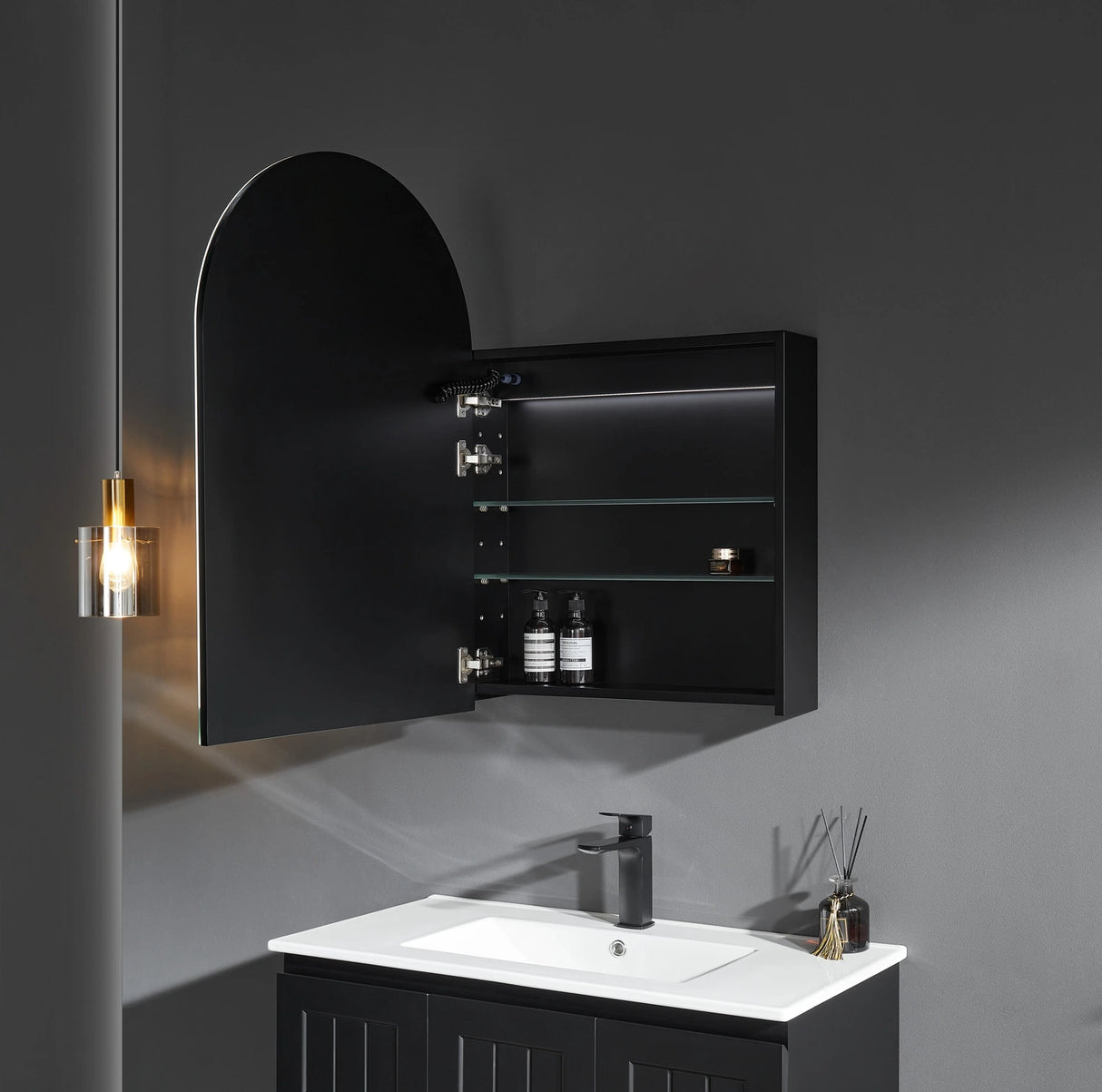 Arched Mirror Shaving Cabinet 600*900mm Olivia PVC LED Matte Black