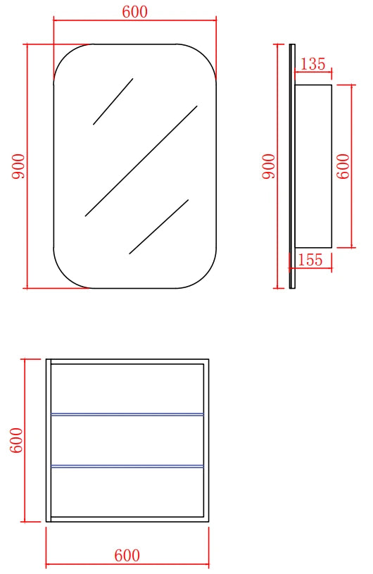 Olivia Square Curved PVC Mirror Shaving Cabinet Matte Black 600x900mm