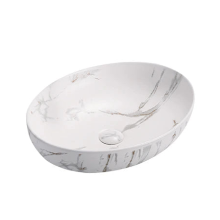 Marble-patterned oval basin on a white background
