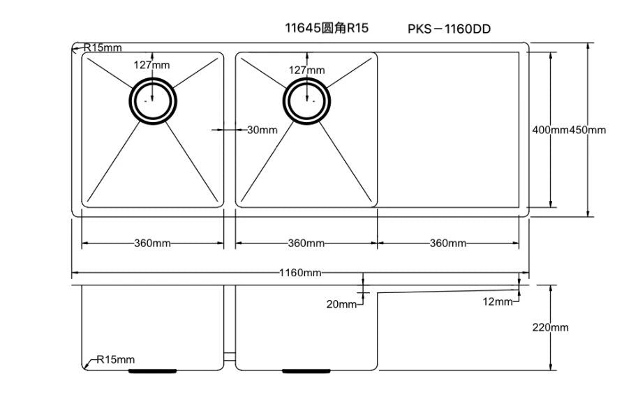 Hand Made Stainless Steel Double Bowl Single Drainer Kitchen Sink Top/Under Mount 1160x450mm