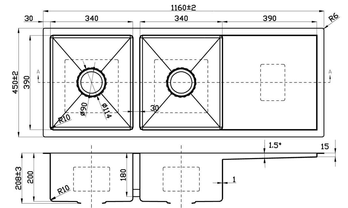 Eden Double Bowl Single Drainer Kitchen Sink Top/Under Mount 1160x450mm