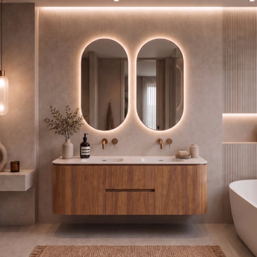 A modern floating bathroom vanity with a wood cabinet, integrated white countertop, and two oval backlit mirrors mounted on a textured beige wall. The scene includes brass faucets, decorative vases, and a partial white bathtub at right.