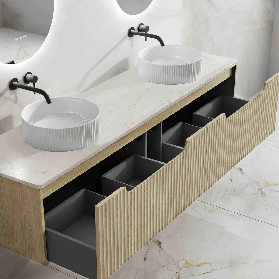 Timber Fluted Natural Oak Rhea Wall Hung Vanity 1800mm Double Bowl
