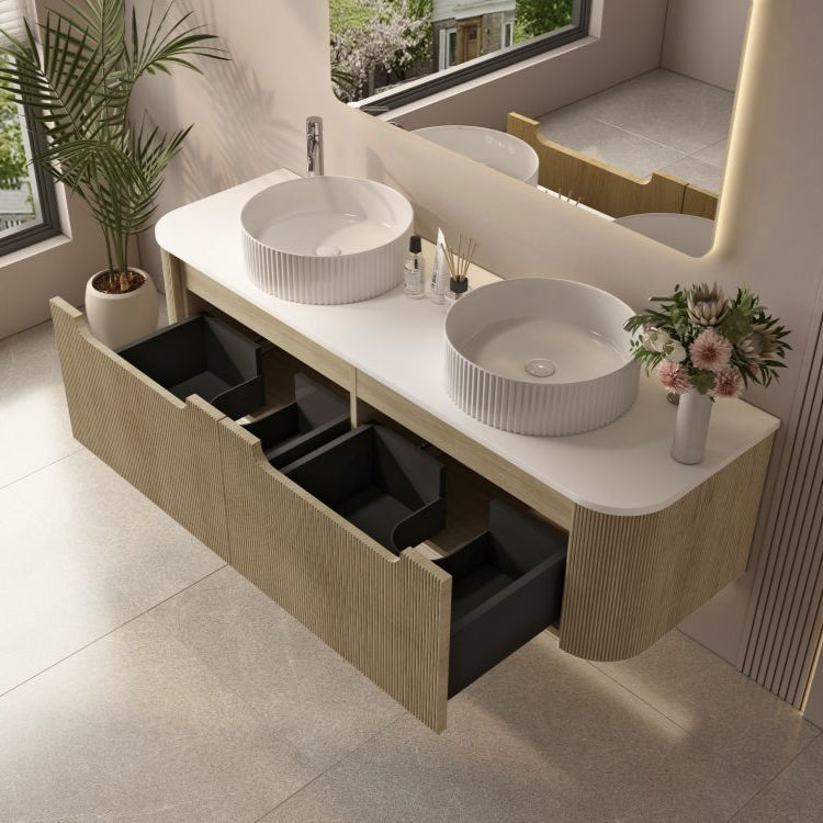 Rome Timeber Look Fluted Curved All Drawer Wall Hung Vanity 1500mm Bur Oak