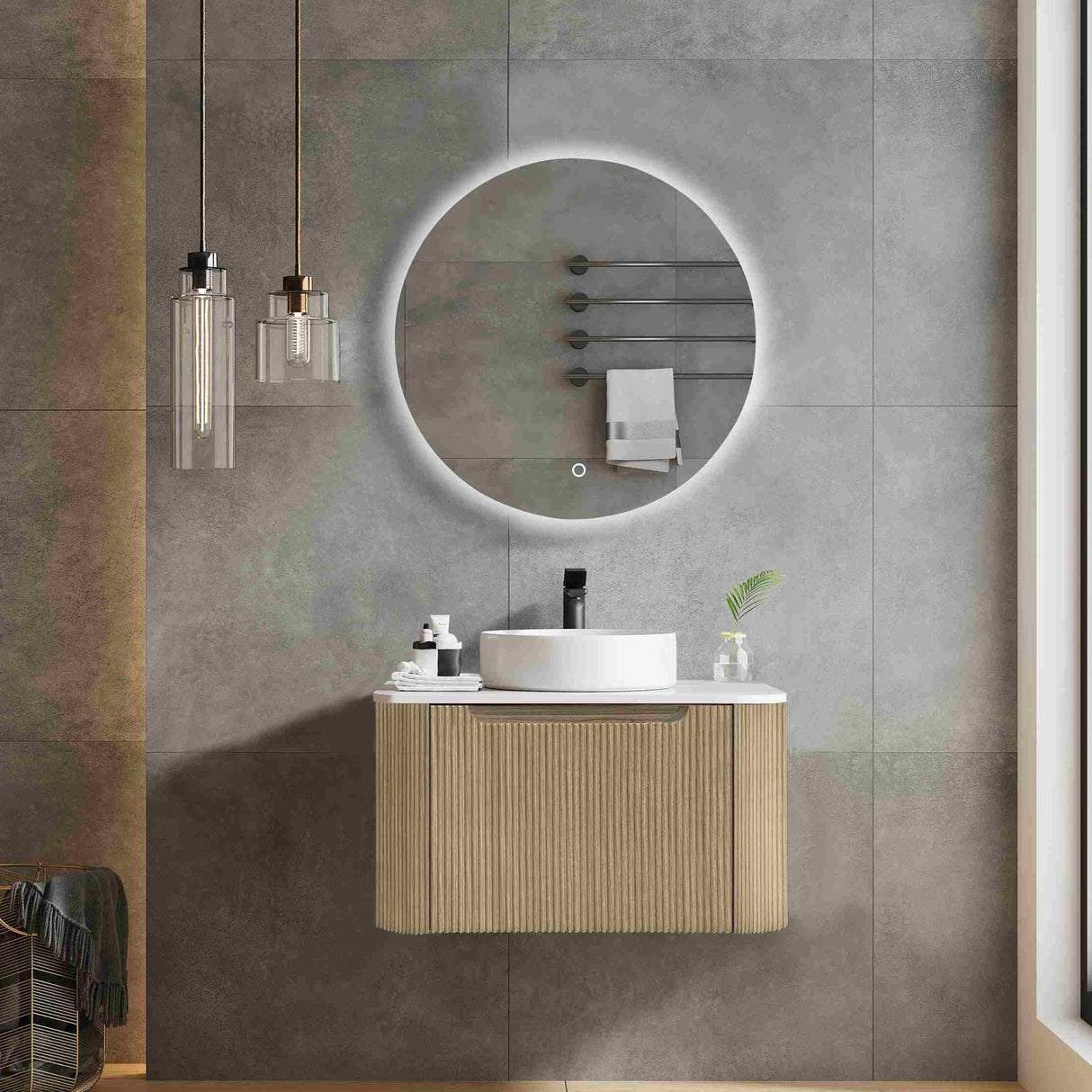 Rome Timeber Look Fluted Curved All Drawer Wall Hung Vanity 600mm Bur Oak