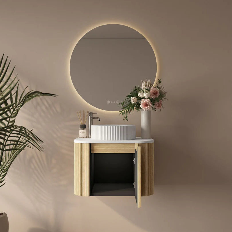 Rome Timeber Look Fluted Curved All Drawer Wall Hung Vanity 600mm Bur Oak