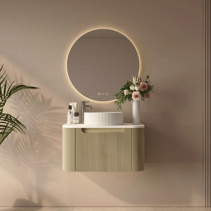 Rome Timeber Look Fluted Curved All Drawer Wall Hung Vanity 750mm Bur Oak