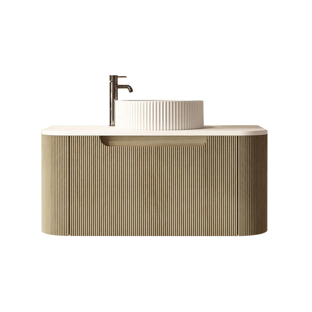 Rome Timeber Look Fluted Curved All Drawer Wall Hung Vanity 900mm Bur Oak