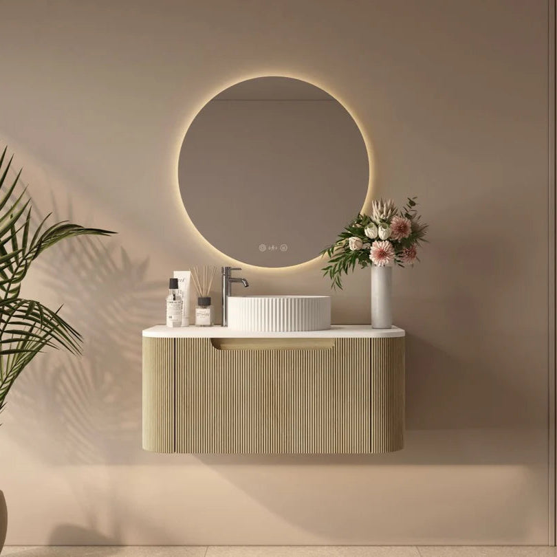 Rome Timeber Look Fluted Curved All Drawer Wall Hung Vanity 900mm Bur Oak