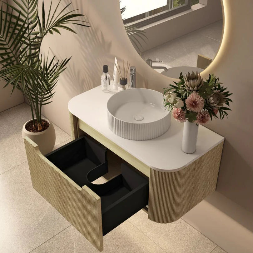 Rome Timeber Look Fluted Curved All Drawer Wall Hung Vanity 900mm Bur Oak
