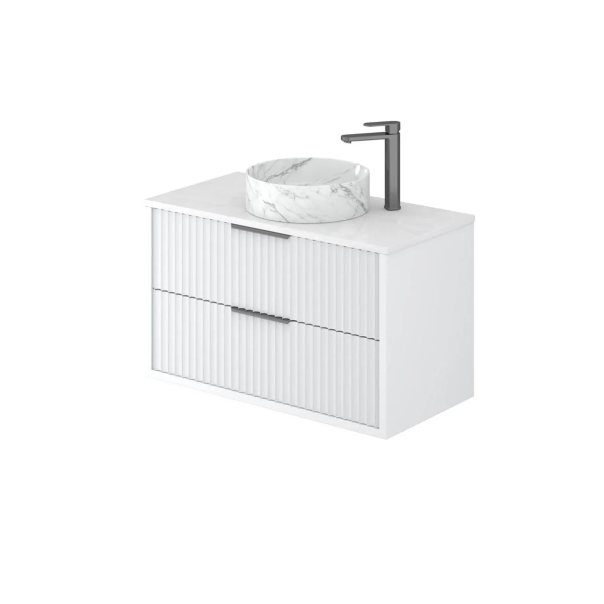 Fluted Wall Hung Vanity Rome Curved 900mm Two Drawers Waterproof Matte White Stone top Brushed Gold Handles