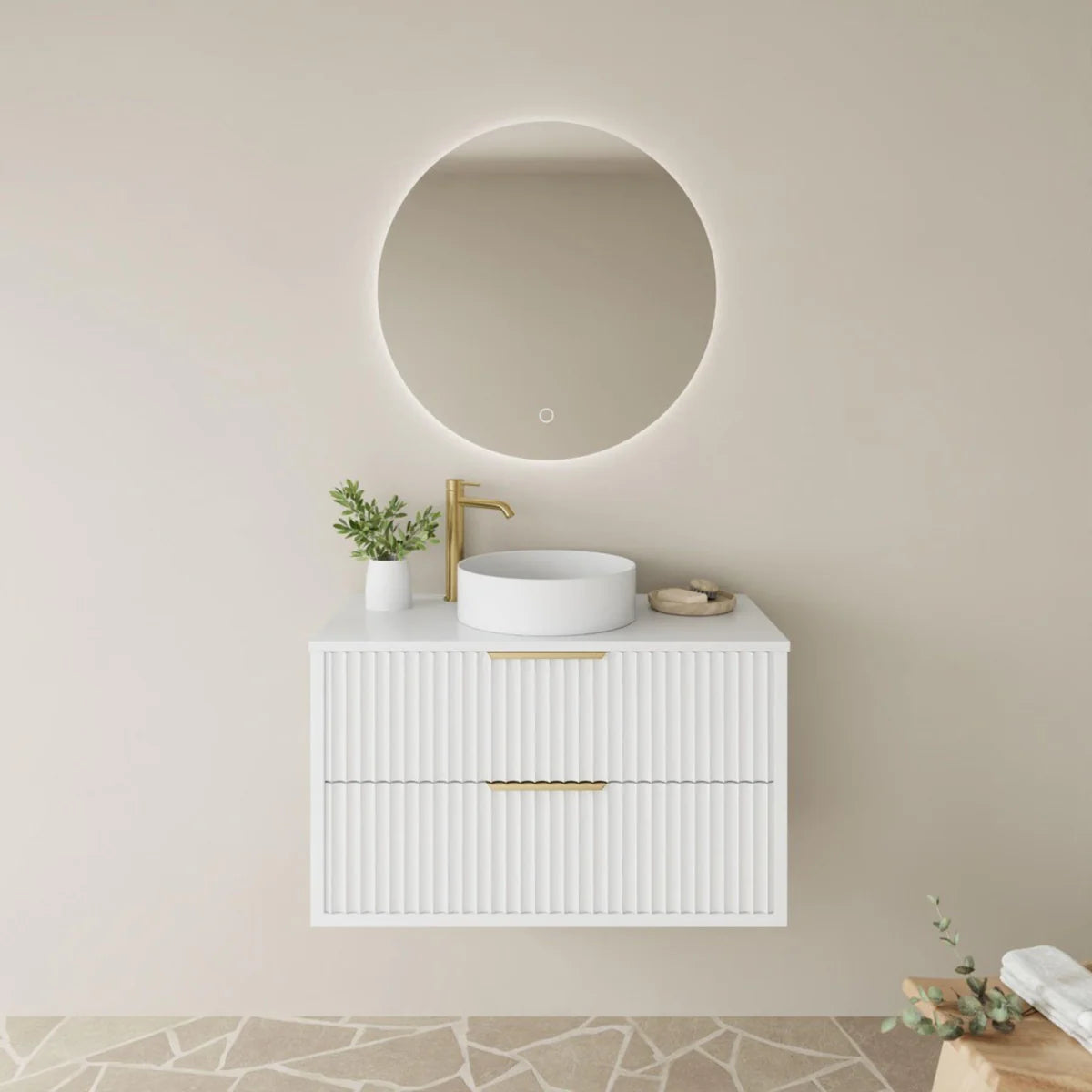 Fluted Wall Hung Vanity Rome Curved 900mm Two Drawers Waterproof Matte White Stone top Brushed Gold Handles