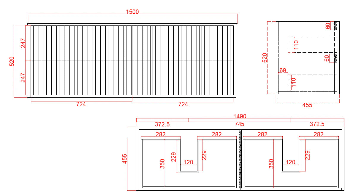 Fluted Wall Hung Vanity Rome Curved 1500mm Double Bowl Waterproof Wall Hung Carrara White Stone top Gun Metal Handles