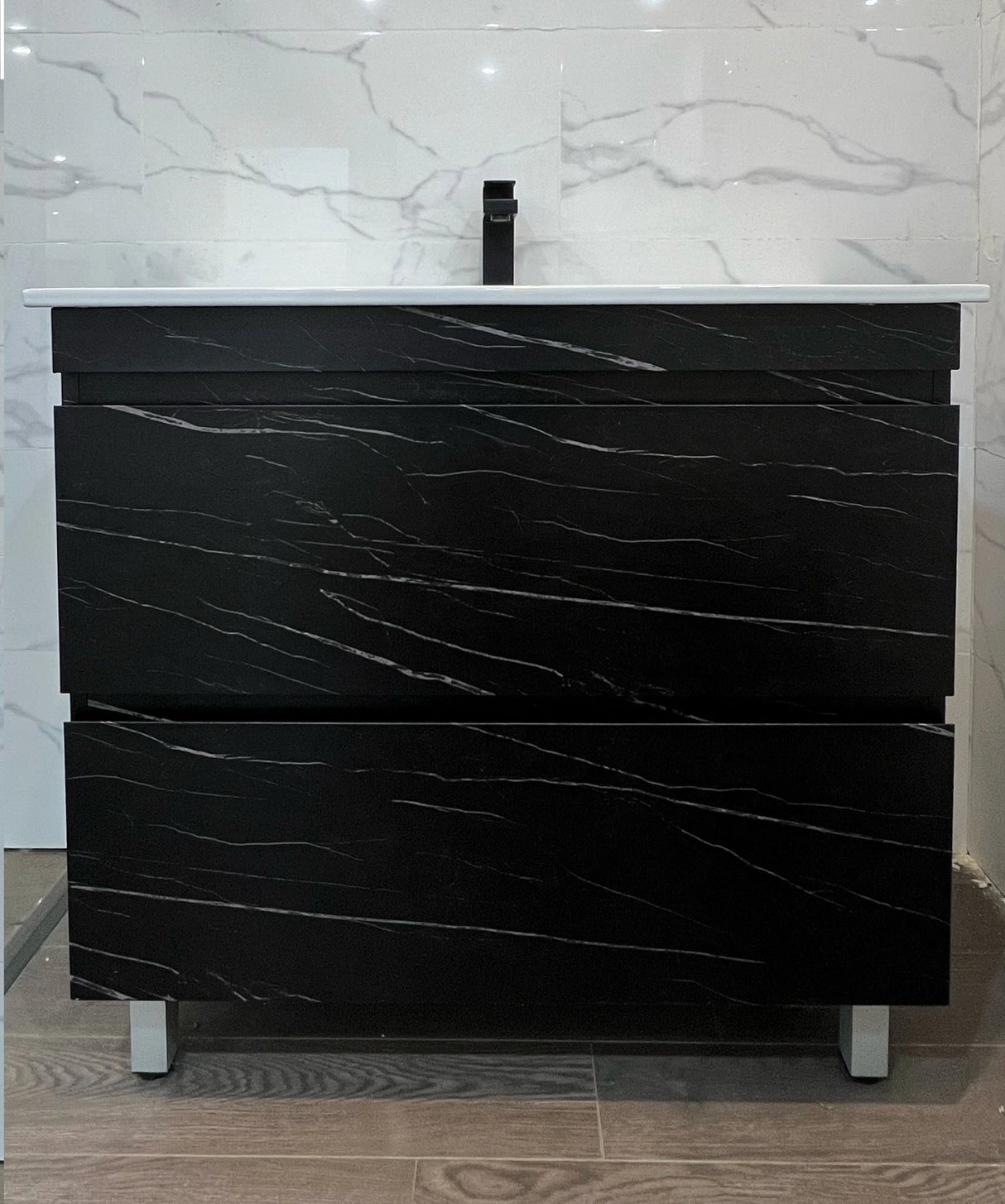 Midnight Marble Black All Drawer Stainless Steel Water Proof Two Drawers Freestanding Vanity 1200mm