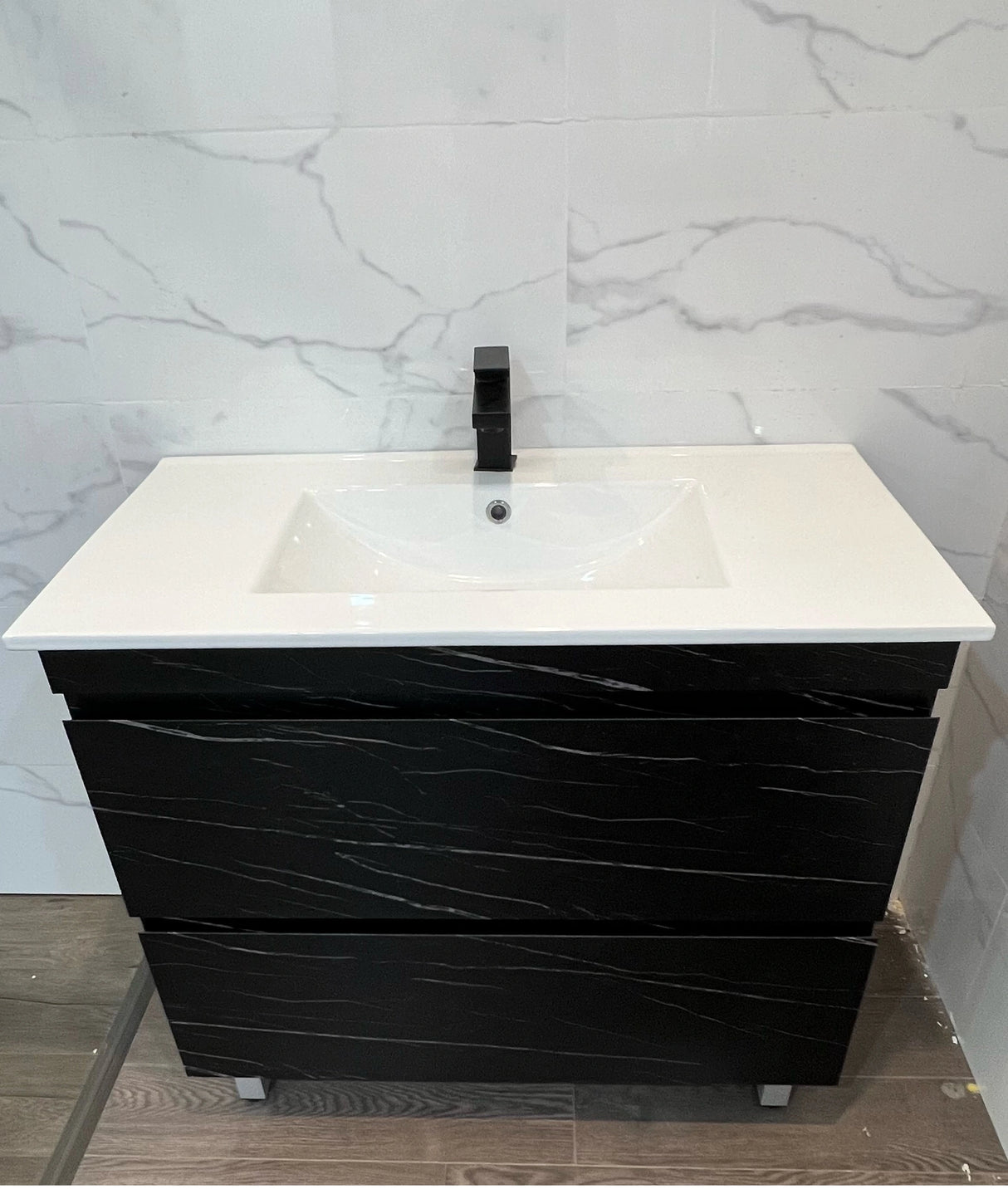Midnight Marble Black All Drawer Stainless Steel Water Proof Two Drawers Freestanding Vanity 900mm