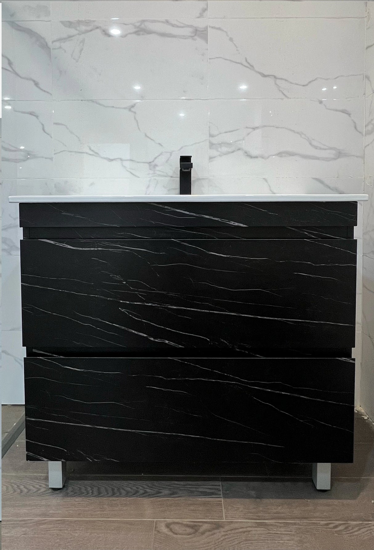 Midnight Marble Black All Drawer Stainless Steel Water Proof Two Drawers Freestanding Vanity 900mm