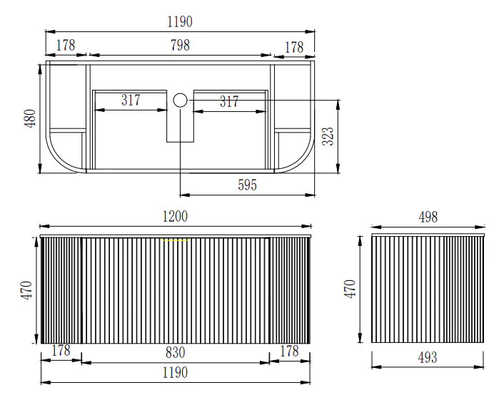Timber Fluted Curved Walnut Artis 1200mm Single Bowl Waterproof Wall Hung Vanity Stone top