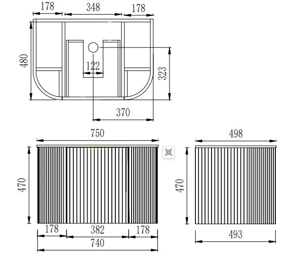 Timber Fluted Curved Walnut Artis 750mm Waterproof Wall Hung Vanity Calacatta White Stone top